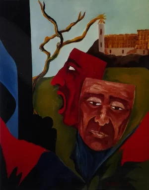 1976-olio-su-tela-dim-40x50-composizione-con-maschere